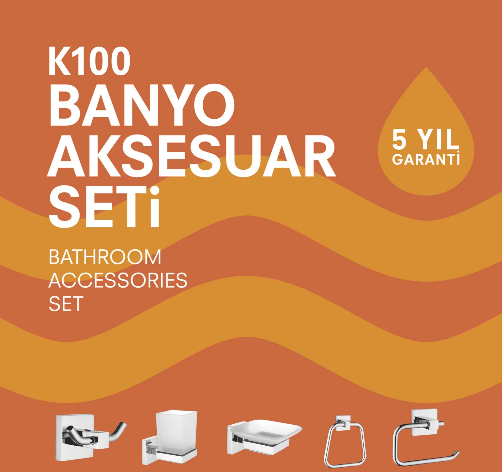 K100 Aksesuar Seti (Havluluk+Diş Fırçalık+Sabunluk+Havlu Askısı+Tuvalet Kağıtlığı) — 2